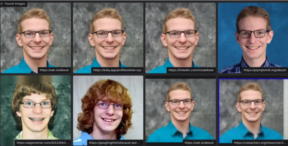 Facial recognition results showing 8 photos of the same person sourced from various websites