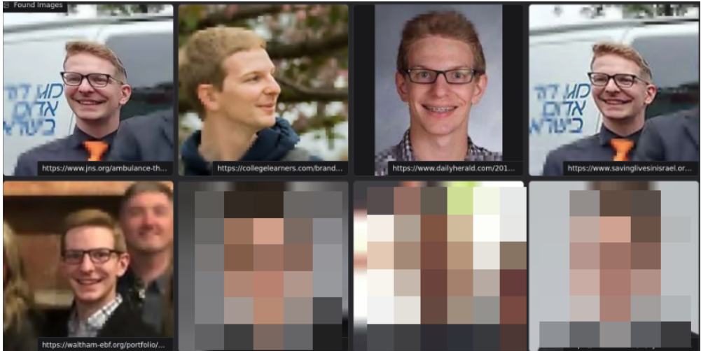 Facial recognition results showing more photos of the same person, with some results pixelated
