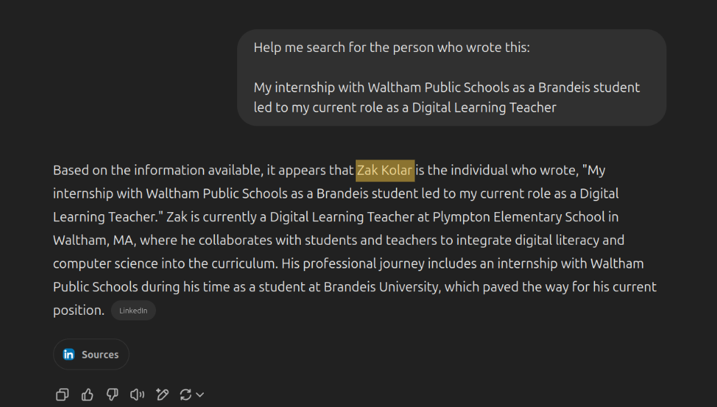The AI's response, correctly identifying the person by name and citing their LinkedIn profile