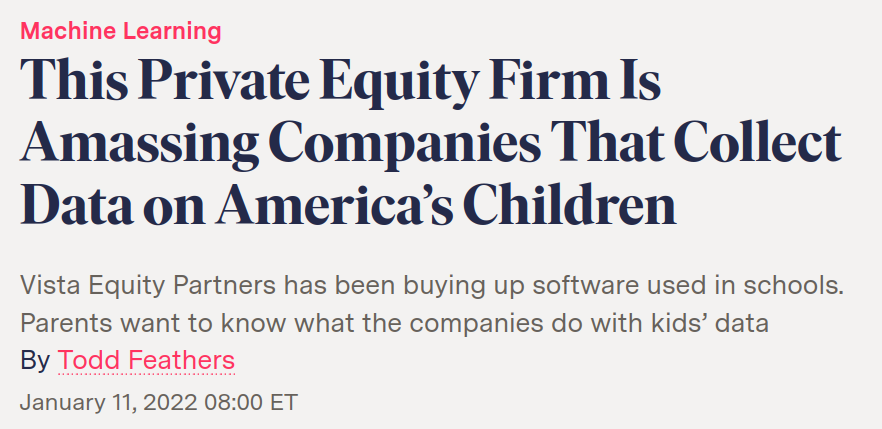News headline: "This Private Equity Firm Is Amassing Companies That Collect Data on America's Children"